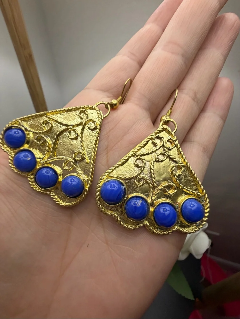Gold and Blue Statement Drop Earrings - Unbranded